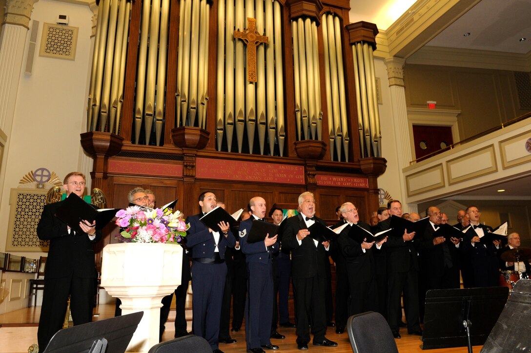 The U.S. Air Force Band Singing Sergeants performed a special alumni concert Aug. 7 at the New York Avenue Presbyterian Church in D.C. The program featured past and present members of the official chorus of the U.S. Air Force. Retired Lt. Col. Craig Jessop, former conductor of the Singing Sergeants and former award-winning conductor of the Mormon Tabernacle Choir, conducted the program. (U.S. Air Force photo by Senior Airman Jaclyn McDonald)