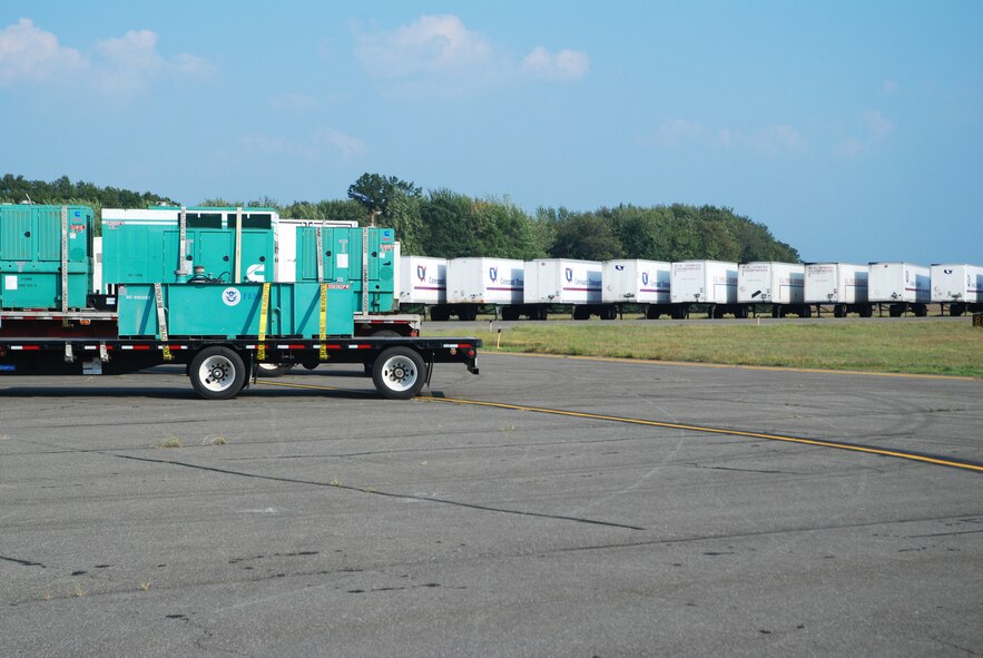 About 35 Federal Emergency Management Ageny tractor trailers loaded with water, generators, tarps, food and other emergency supplies arrived at Westover on September 2 in preperation for the possible landfall of Hurricane Earl in New England.  Westover and FEMA have had emergency plans in place for six years, but Hurricane Earl marks the first time the base is being used as a staging point for FEMA Region 1, which encompasses all of New England.