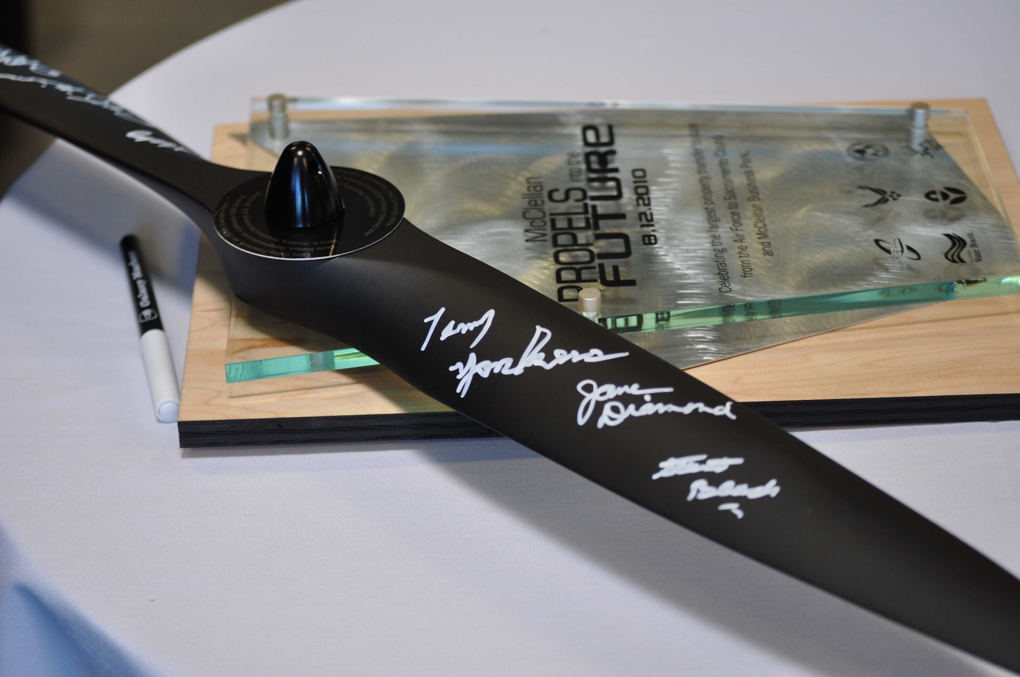 To symbolize McClellan's bright future, all dignitaries signed a propeller marking a new beginning for the former Air Force Base in Sacramento, CA
