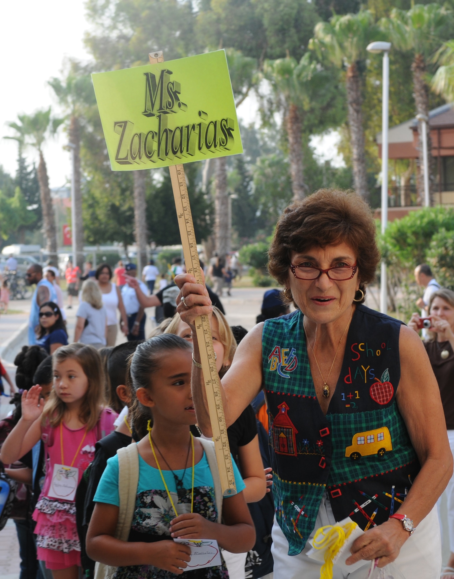 Rose Zacharias, an Incirlik’s Unit School second-grade teacher, leads her class to their new classroom their first day of school Aug. 30, 2010, at Incirlik Air Base, Turkey.  Approximately 550 high school, middle school and elementary school students started the school year after more than a 75 percent student turnover from the previous year.  (U.S. Air Force photo /Senior Airman Sara Csurilla)