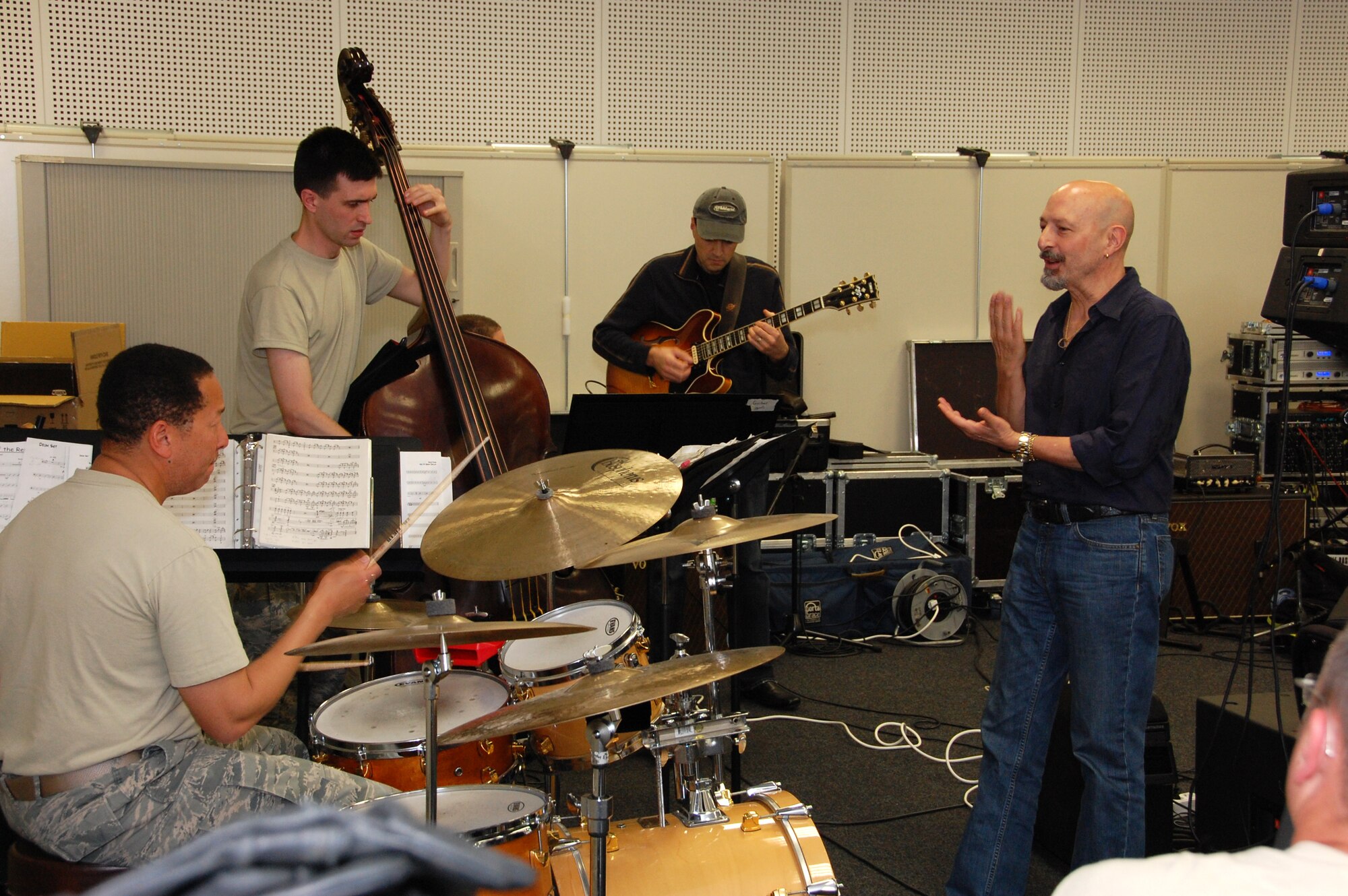 Members of USAFE Band's Check Six Jazz Ensemble receive instruction from world-renowned drummer Steve Smith and his band Vital Information. (U.S. Air Force photo/Staff Sergeant Scott Ruedger)