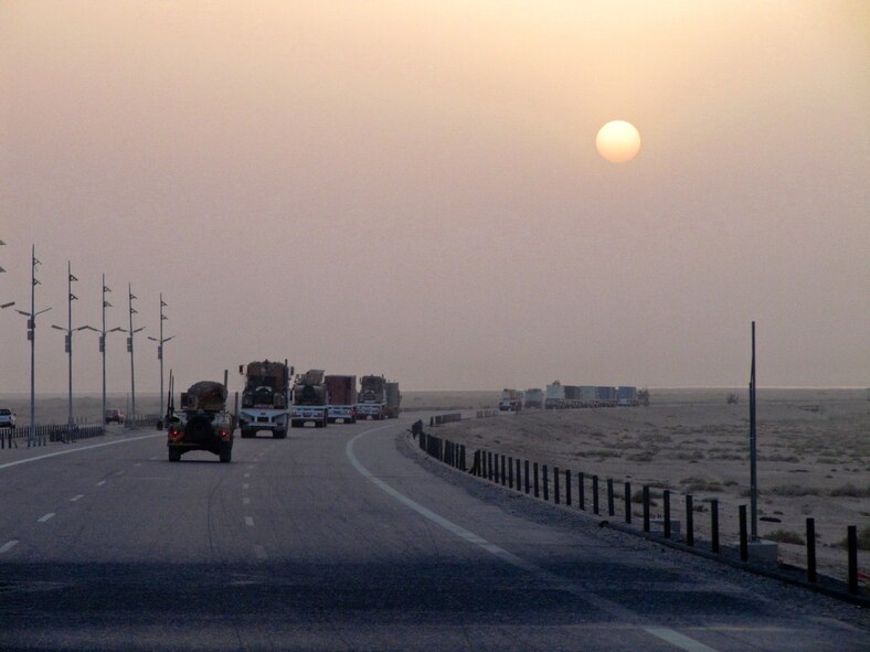 SOUTHWEST ASIA - A line of armor-hardened tractor-trailer trucks from the 387th Expeditionary Logistics Readiness Squadron travels through Iraq Aug. 12, 2010, carrying supplies and equipment to U.S. forces there. The unit has transported nearly 900,000 tons of cargo and equipment into out of Iraq in the past six months, traveling more than 6 million miles of dangerous roads. (U.S. Air Force photo by Col. Tal W. Metzgar/Released)