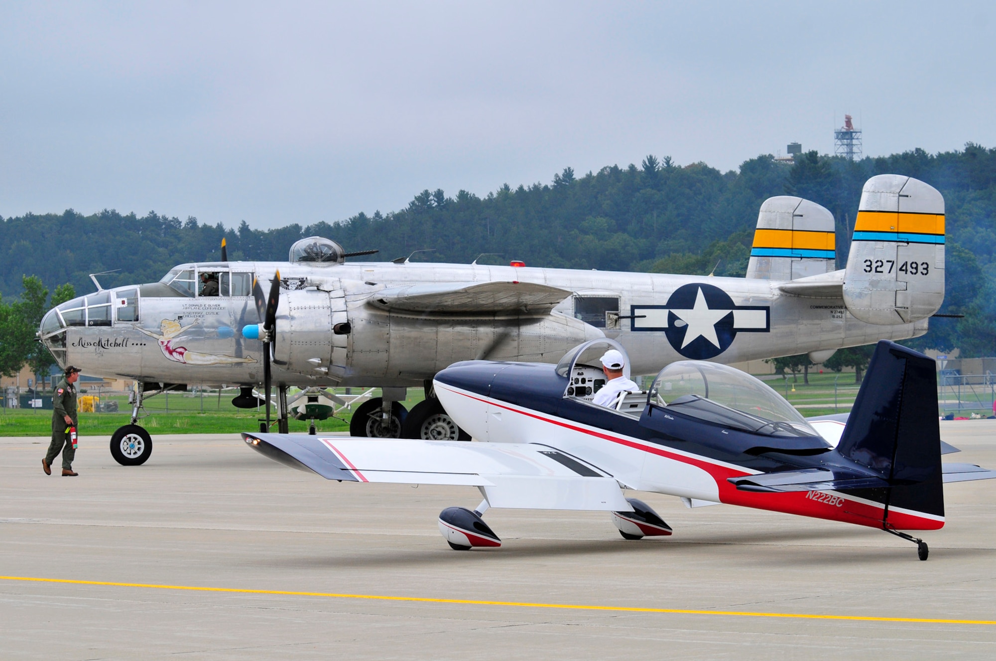 B-25 Mitchell Bomber and Bill Cowden's aerobatic RV-8 showplane at Volk Field Open House, 21 Aug 2010.  (U.S. Air Force photo courtesy Joe Oliva) (RELEASED)