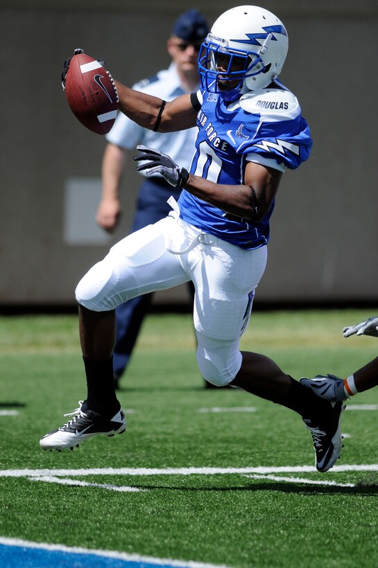 Sophomore wide receiver Mikel Hunter heads for the end zone and his first career touchdown during the Falcons' season opener at Falcon Stadium Sept. 4, 2010. The Falcons beat the Northwestern State Demons 65-21. Hunter is a native of Conyers, Ga. (U.S. Air Force photo/Bill Evans)
