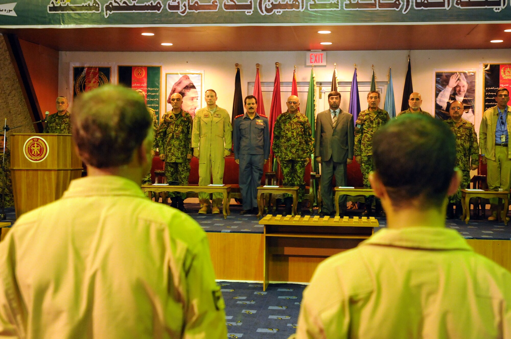 100904-N-6031Q-012 KABUL, Afghanistan -Afghan Air Force personnel are welcomed back home during a ceremony in the conference center of the AAF base in Kabul on Sep. 4, 2010 after providing flood relief to the neighboring country of Pakistan. Over the last 27 days, members of the AAF have been carrying out lifesaving humanitarian missions in Pakistan, demonstrating their strong operational capabilities. (US Navy photo by Mass Communication Specialist 2nd Class David Quillen/ RELEASED).