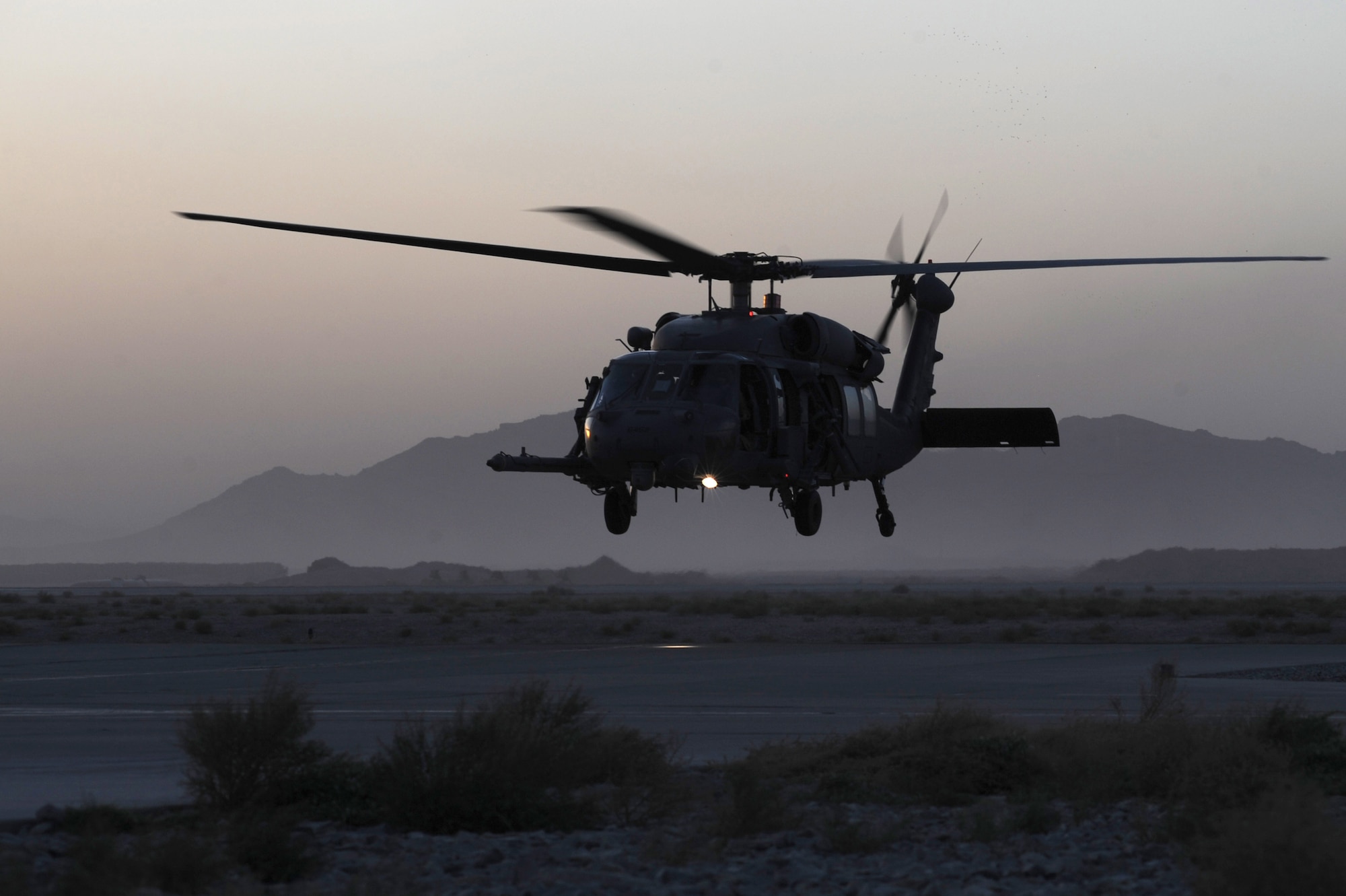 An HH-60G Pave Hawk Helicopter, flown by Airmen of the 26th Expeditionary Rescue Squadron, taxis to a parking ramp on Sept. 2, 2010, at Kandahar Airfield, Afghanistan.  (U.S. Air Force photo by Tech. Sgt. Chad Chisholm/Released)