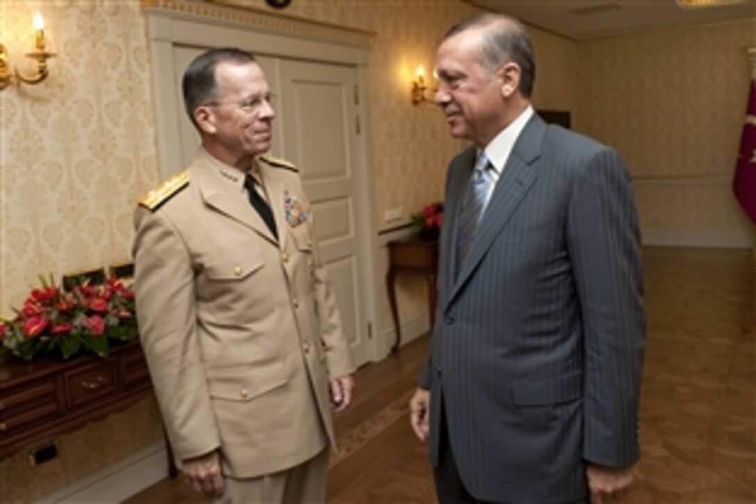 U.S. Navy Adm. Mike Mullen, left, chairman of the Joint Chiefs of Staff, meets with Turkish Prime Minister Recep Tayyip Erdogan in Ankara, Turkey, Sept. 4, 2010. Mullen thanked Turkish leaders for their leadership in the region and their assistance with the wars in Iraq and Afghanistan.