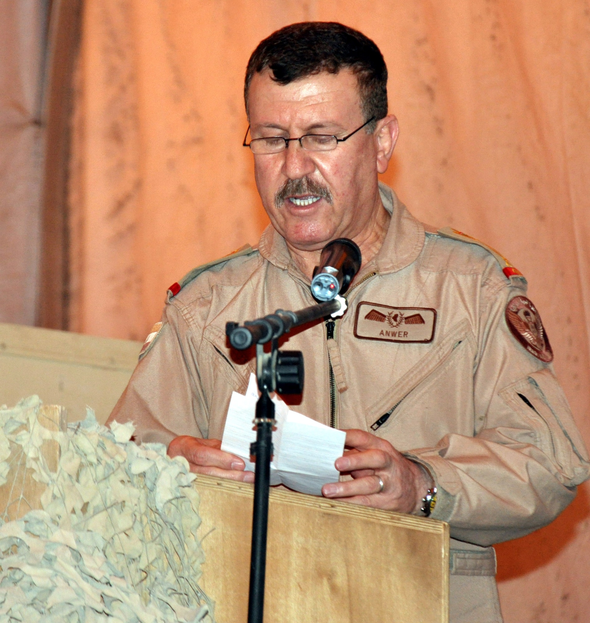 Staff Lt. Gen. Anwer, Iraq's top Air Force officer, attended a 321st Air Expeditionary Wing Commander's Call and addressed the Airmen there.  He took the opportunity to thank the United States for its continued support in the development of the Iraqi Air Force and thanked the families of those who have served for the sacrifices they have made in helping Iraq achieve Democracy.  (U.S. Air Force photo by Tech. Sgt. Mike Edwards)