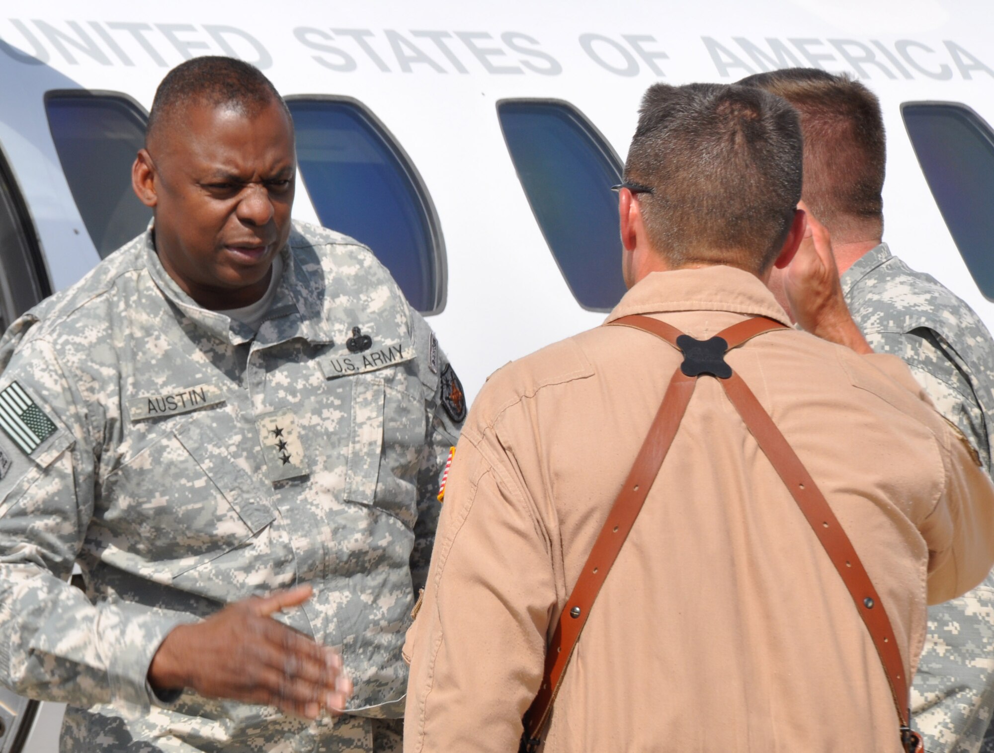 Then Lt. Gen. Lloyd J. Austin III, who has since earned his fourth star and taken over as Commanding General, United States Forces-Iraq, arrived at Sather Air Base, Baghdad, August 30 in preparation for the change-of-command ceremony held September 1.  He is greeted by Maj. Gen. William B. Garrett III, Chief of Staff for United States Forces-Iraq and Brig. Gen. Scott M. Hanson, Commander of the 321st Air Expeditionary Wing. (U.S. Air Force photo by Tech. Sgt. Mike Edwards)

