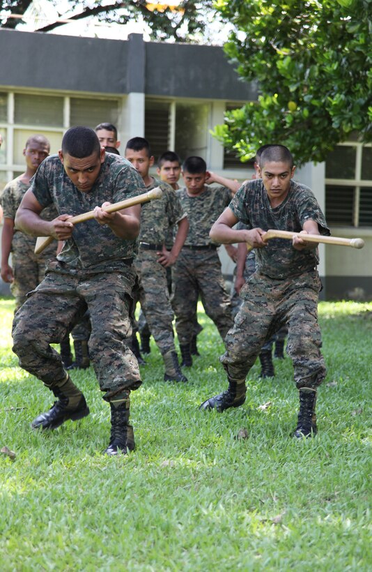 Guatemalan Marines execute U.S. Marine Corps martial arts bayonet thrusts, Sept. 7,  at Puerto Santo Tomas de Castilla Naval Base in Guatemala. Marines with Special-Purpose Marine Air-Ground Task Force Continuing Promise 2010 taught Marine Corps martial arts techniques to Guatemalan Marines for six days. Marines with CP10 are currently deployed to the Caribbean, Central and South America conducting subject-matter expert exchanges and providing humanitarian civic assistance to host nations.