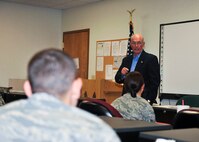 MINOT AIR FORCE BASE, N.D. -- Retired Chief Master Sgt. of the Air Force James McCoy, speaks to Airmen new to the base at the First Term Airmen’s Center during his visit here Sept. 2. Chief McCoy made a special visit to Minot AFB to meet with Airmen and speak at the Senior Noncommissioned Officer Induction ceremony. (U.S. Air Force photo by Senior Airman Michael J. Veloz)