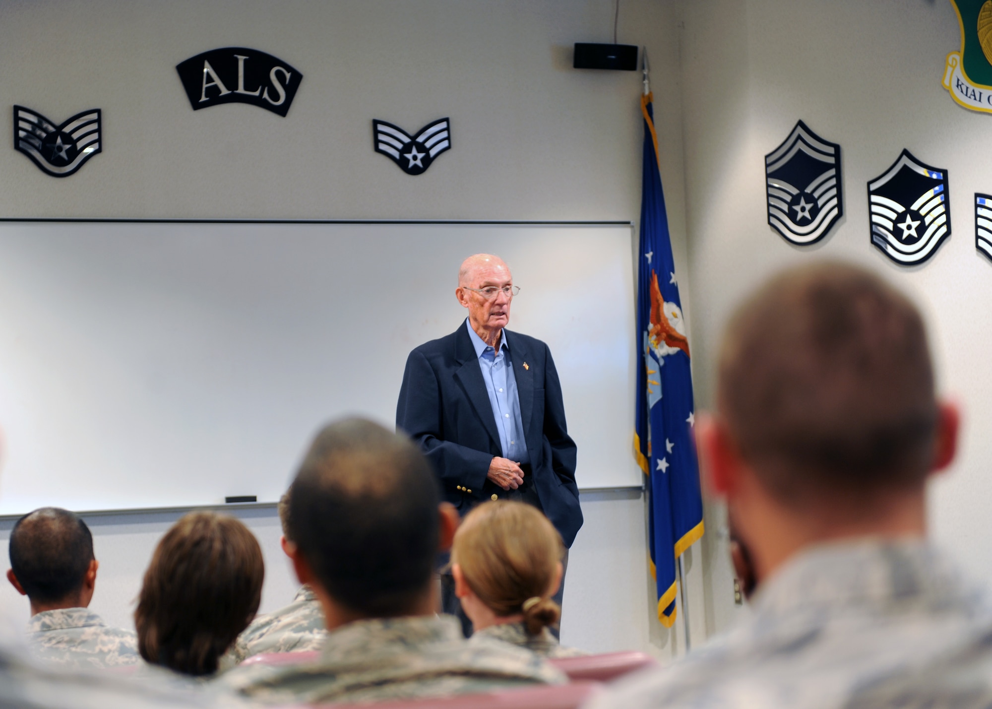 MINOT AIR FORCE BASE, N.D. -- Retired Chief Master Sgt. of the Air Force James McCoy, speaks to Airmen at the James A. Crawford Airman Leadership School during his visit here Sept. 2. Chief McCoy made a special visit to Minot AFB to meet with Airmen and speak at the Senior Noncommissioned Officer Induction ceremony. (U.S. Air Force photo by Staff Sgt. Keith Ballard)