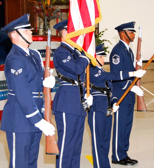 Master Sgt. Brian Mays, right, performs with the 188th Fighter Wing Honor Guard at the unit's last change of command ceremony Oct. 5, 2008. Mays was recently named the Air Force Association's 2010 Air National Guard Outstanding Honor Guard Program Manager of the Year. Mays is a member of the 188th's Logistics Readiness Squadron.  (U.S. Air Force photo by Tech Sgt. Stephen Hornsey/188th Fighter Wing Public Affairs)