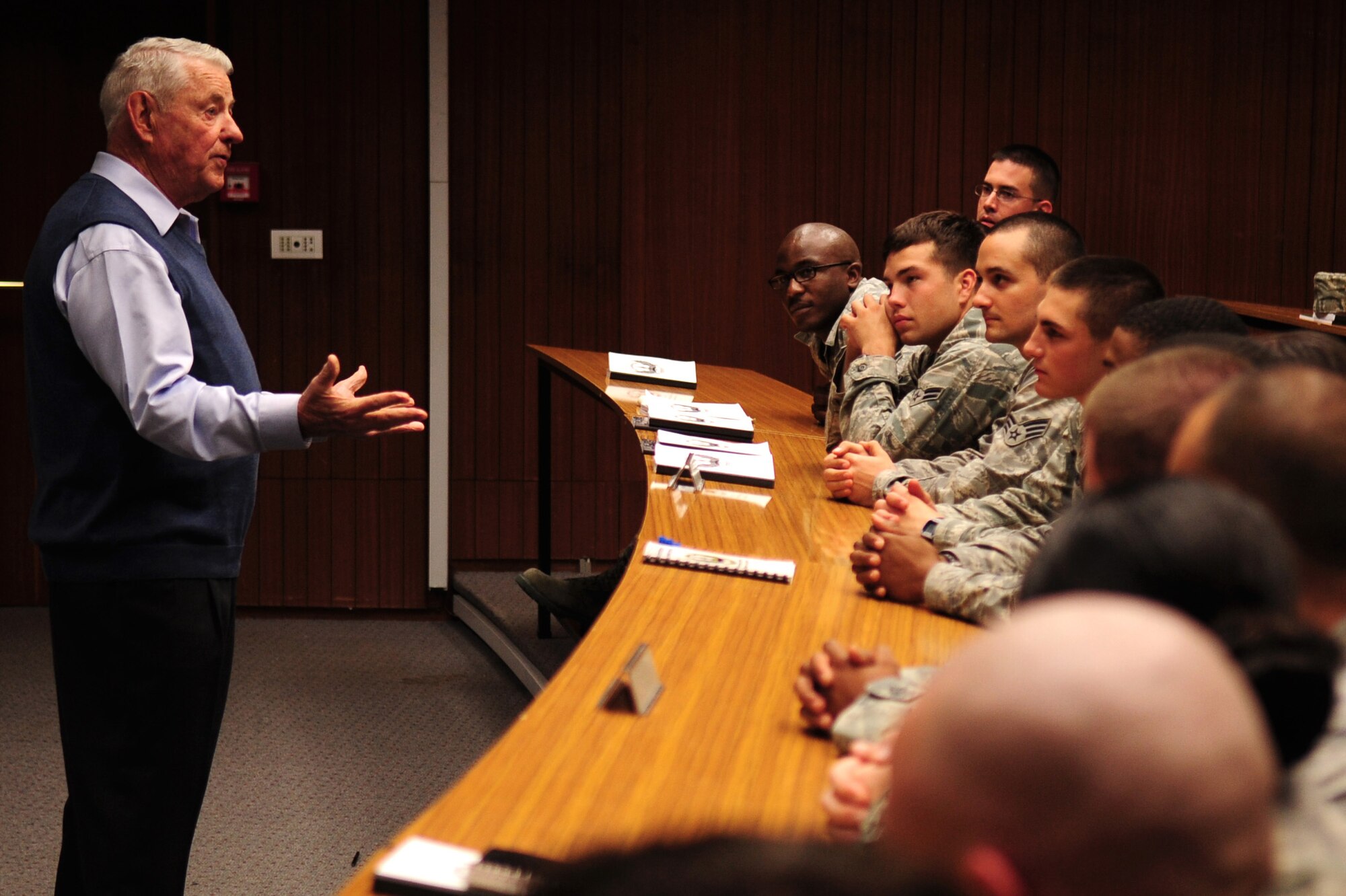 Robert D. Gaylor, fifth Chief Master Sgt. of the U.S. Air Force visits with the 435th Security Forces Regional Training Center, Sembach Air Base, Germany, Sept 7, 2010. Gaylor took the opportunity to speak to the students as well as receive demonstrations on how the SFS are training for deployment operations. (U.S. Air Force Photo by Tech. Sgt. Jocelyn Rich)