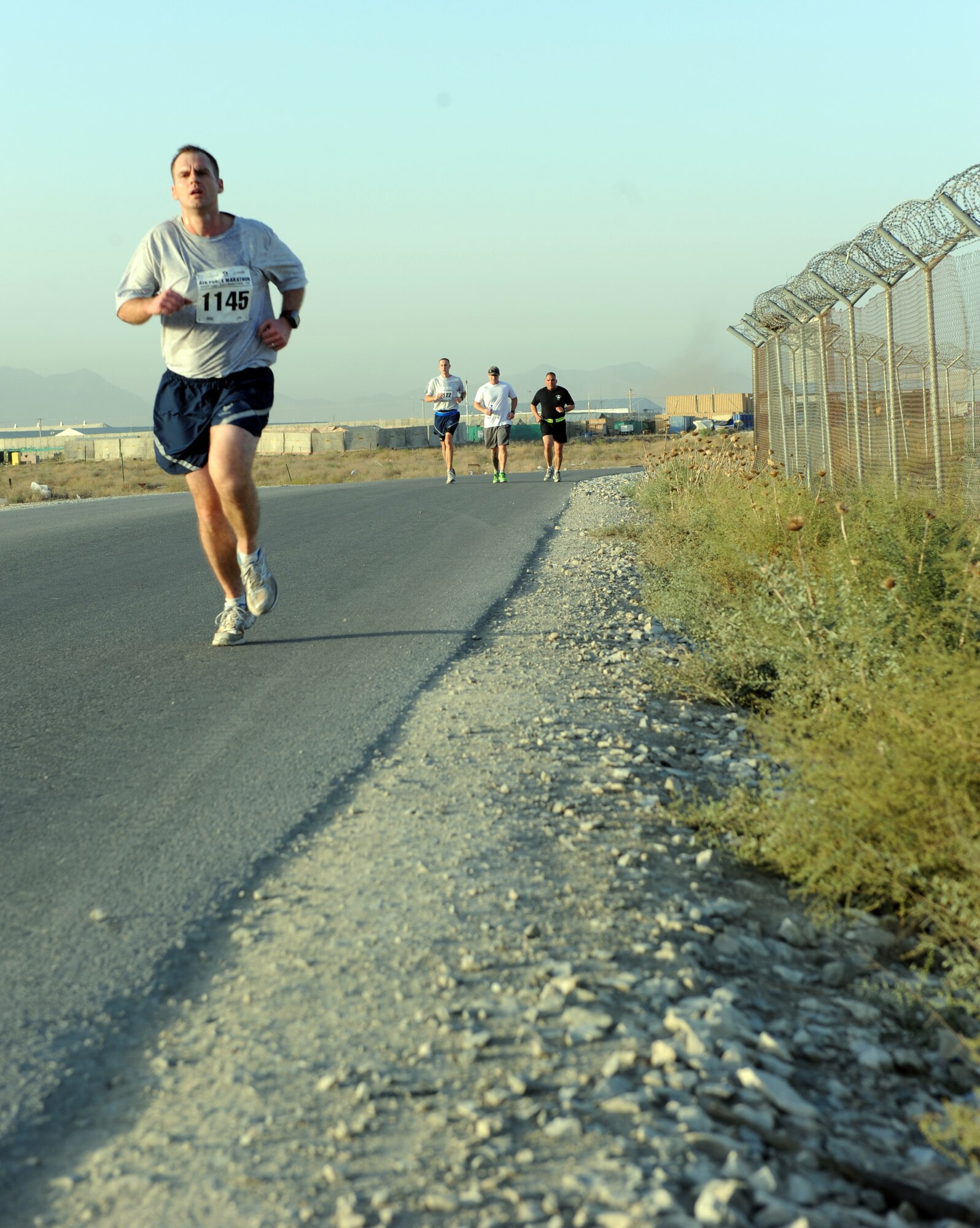 Participants run in the Air Force-sponsored Half Marathon Sept. 4, 2010 at Bagram Airfield, Afghanistan.  More than 1,000 members of Team Bagram ran in the event.