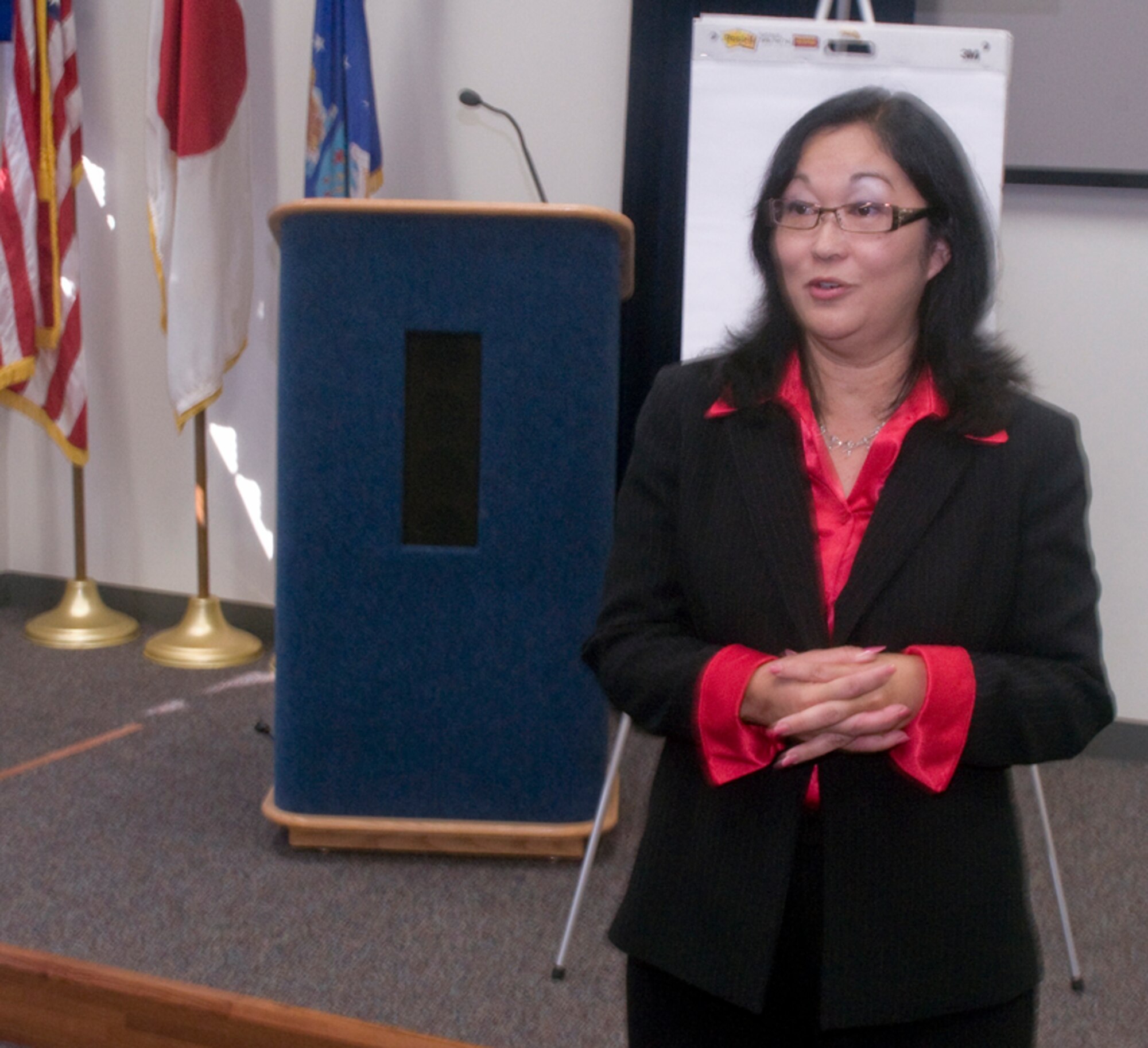 YOKOTA AIR BASE, Japan -- Cheryl Paiva, Pacific Air Force Sexual Assault Prevention & Response Program manager, welcomes 27 trainees from across PACAF to the Bystander Intervention Facilitator Train-the-Trainers course, here August 30. The goal of the bystander intervention training is to empower Airmen to effectively prevent sexual assaults against their fellow wingmen by providing a learning environment in which they can practice and become confident using intervention skills. (U.S. Air Force Photo/ Airman 1st Class Katrina R. Menchaca)