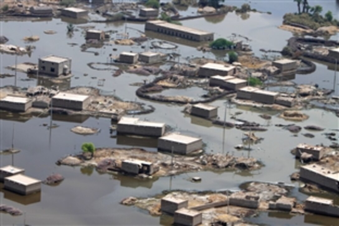 An aerial view from a CH-46E Sea Knight helicopter shows extensive flood damage during humanitarian assistance efforts in the southern region of Pakistan, Sept. 4, 2010. The Marines are assigned to Marine Marine Helicopter Squadron 165, 15th Marine Expeditionary Unit.