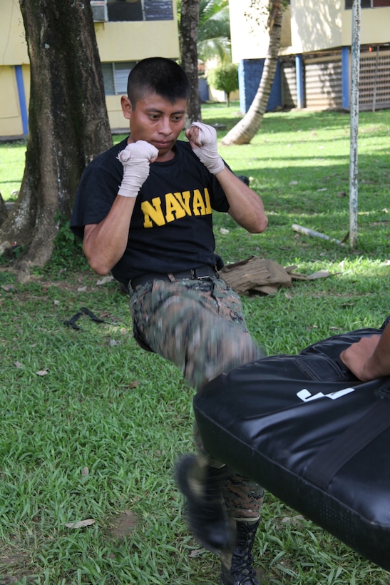 A Guatemalan Marine executes a U.S. Marine Corps martial arts front kick, Sept. 8, at Puerto Santo Tomas de Castilla Naval Base in Guatemala. Marines with Special-Purpose Marine Air-Ground Task Force Continuing Promise 2010 taught Marine Corps martial arts techniques to Guatemalan Marines for six days. Marines with CP10 are currently deployed to the Caribbean, Central and South America conducting subject-matter expert exchanges and providing humanitarian civic assistance to host nations.