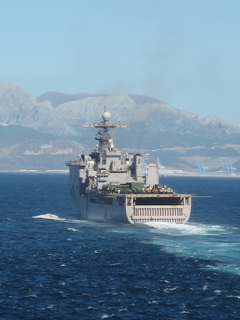USS Carter Hall passes through the Strait of Gibraltar between Europe and Africa, Sept. 08, 2010. 26th MEU deployed aboard the ships of Kearsarge Amphibious Ready Group in late August responding to an order by the Secretary of Defense to support Pakistan flood relief efforts.