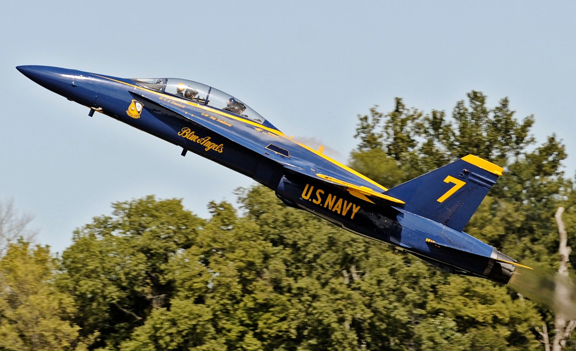 Blue Angels #7 jet takes off from the runway Sept. 8 at Scott AFB. The U.S. Navy in conjunction with the Scott Air Force Base air show, Airpower Over the Midwest, took two community leaders and one member of the media on orientation flights in an F/A-18 Hornet around the greater Scott area to give them a taste of what it?s like to be a military fighter pilot. (U.S. Air Force photo/ Staff Sgt. Ryan Crane)