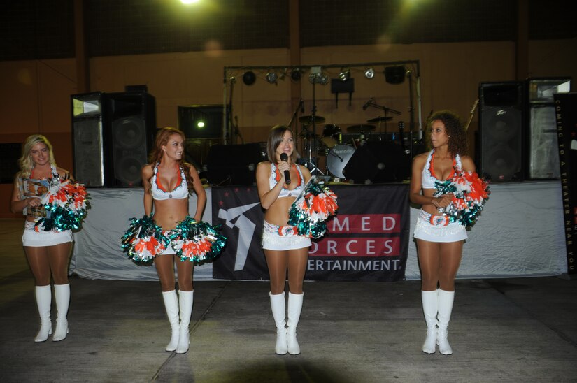 SOTO CANO AIR BASE, Honduras --  The Miami Dolphins cheerleaders performed dance routines and more for Team Bravo during an Armed Forces Entertainment show here Sept. 2. The show was meant to increase morale of personnel who are far away from their families. (U.S. Army photo/Spc. Jennifer Grier)