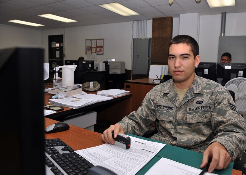 MINOT AIR FORCE BASE, N.D. -- Senior Airman Guillermo Lopez-Young, 5th Comptroller Squadron travel technician, is from Fort Walton Beach, Fla. Airman Lopez-Young joined the Air Force Sept. 11, 2007 to “Earn the skills and benefits provided by the military.” A career goal of his is to attain the rank of Chief Master Sergeant. In his free time, he enjoys working on his car and spending time with his friends. (U.S. Air Force photo by Senior Airman Michael J. Veloz)