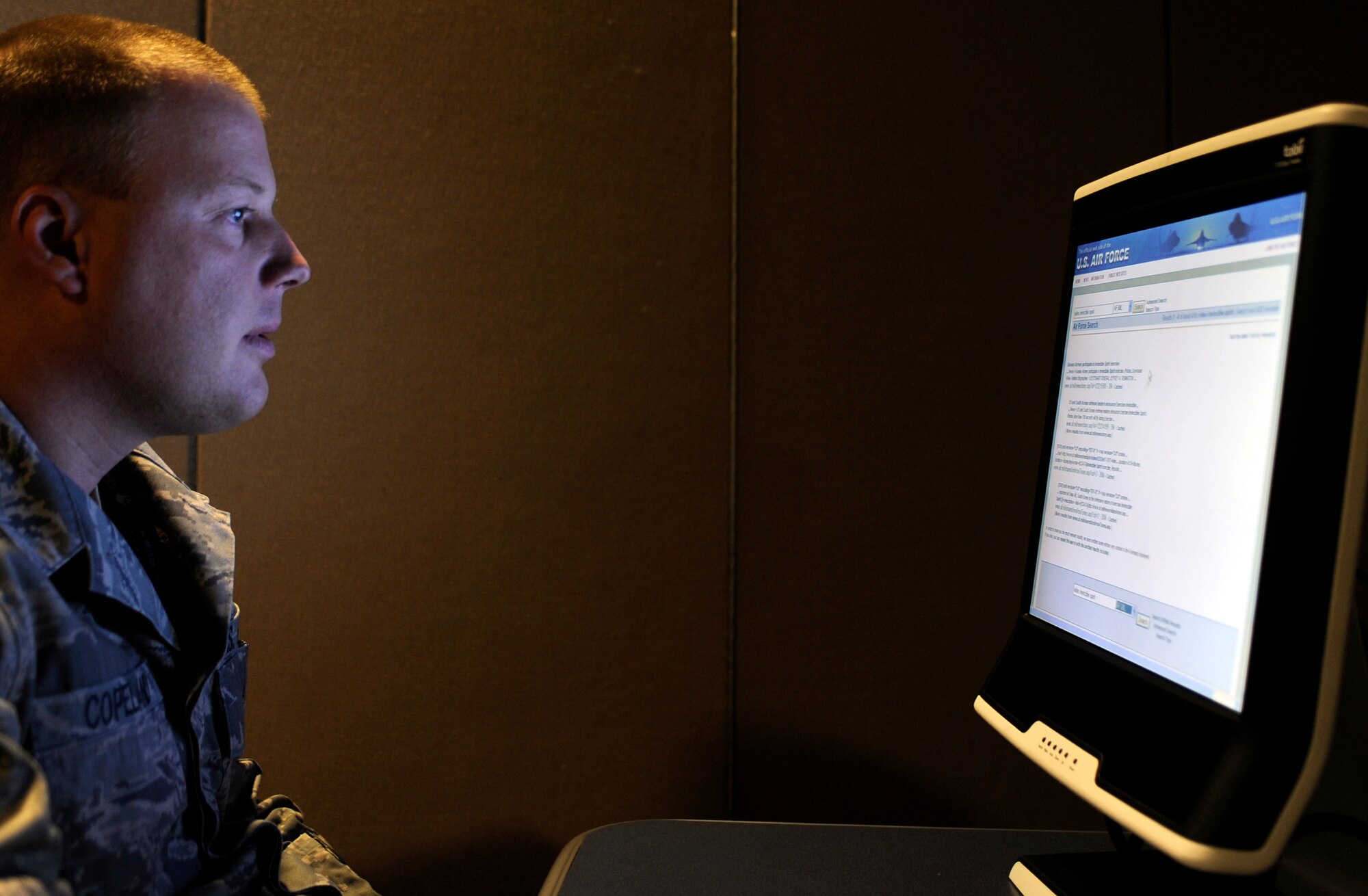 Tech. Sgt. Jeremy Copeland views a variation of the Air Force website Sept. 7, 2010, Eielson Air Force Base, Alaska. Sergeant Copeland was partaking in an important survey to determine the most effective website layout. Sergeant Copeland is the Medical logistics NCO in charge assigned to the 354th Medical Group. (U.S. Air Force photo/Senior Airman Willard E. Grande II)