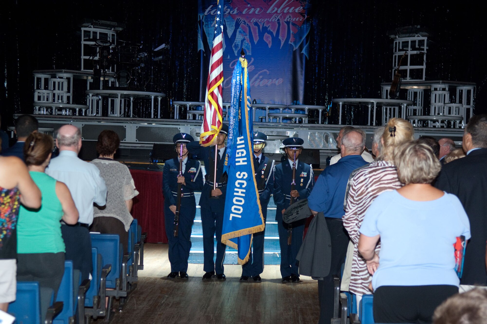 LOWELL, Mass. – Members of the Lowell High School JROTC honor guard present the colors for the national anthem prior to the Tops in Blue performance at Lowell Memorial Auditorium on Sept. 1. The Tops in Blue tour made one it’s 140 stops in Lowell this year and performed before a crowded theater. (U.S. Air Force photo by Rick Berry)