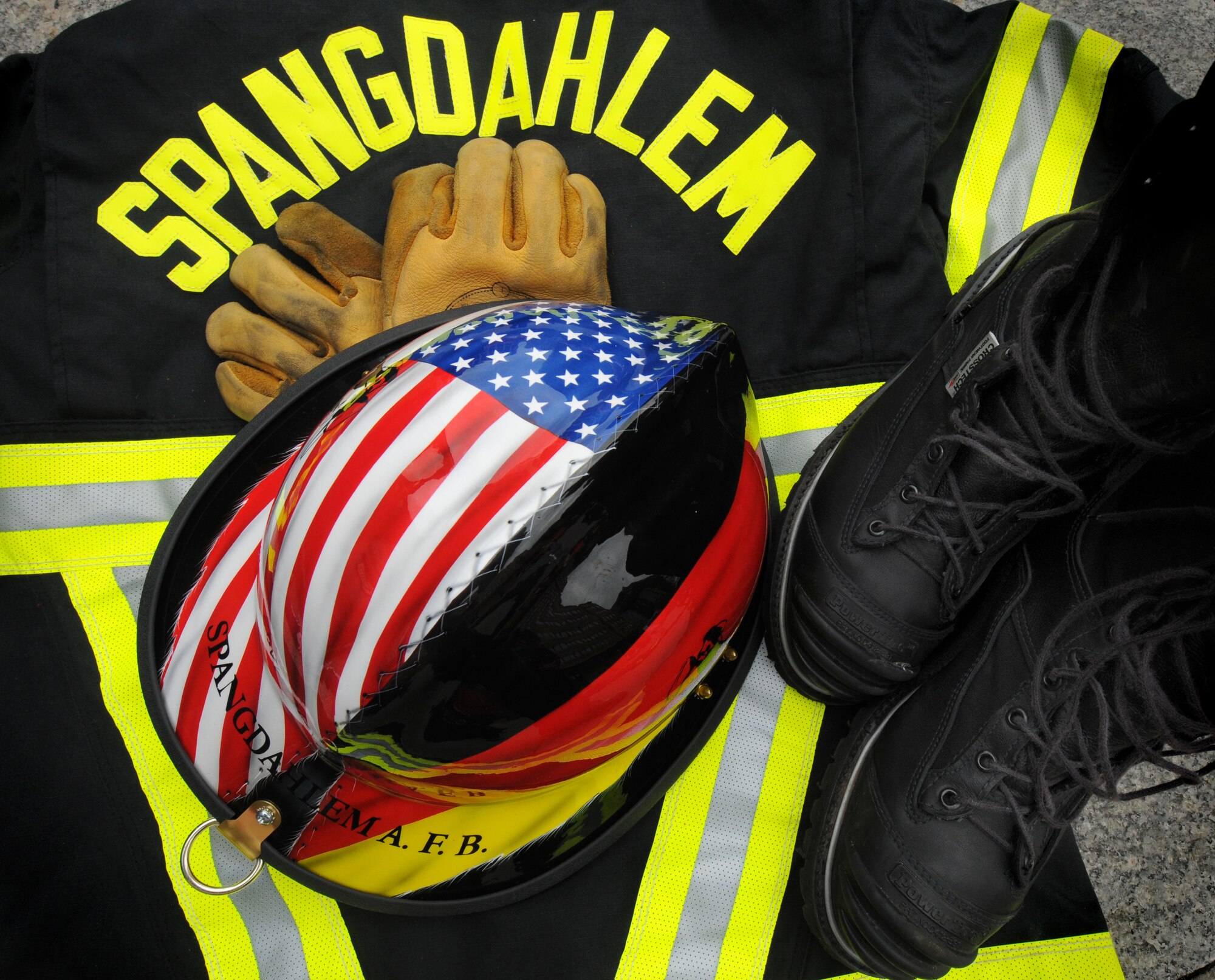 BERLIN, Germany – Bunker gear from a Spangdahlem Air Base firefighter is ready to be donned before a race in the Berlin Firefighter Combat Challenge Sep. 4. Six firefighters from Spangdahlem AB recently competed in the fourth Berlin FCCC. (U.S. Air Force photo/Staff Sgt. Benjamin Wilson)