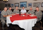 (left to right)  Brig. Gen. William Welch, Air Force Recruiting Service commander; Brig. Gen. Leonard Patrick, 502nd Air Base Wing commander; Maj. Gen. James Whitmore, Air Education and Training Command vice commander; Gen. Stephen Lorenz, AETC commander; Col. Robert S. Bridgford, 502 ABW vice commander and Maj. Gen. Mark Solo, 19th Air Force commander sign pledge cards to kickoff the 2010 Combined Federal Campaign.  Randolph Air Force Base hosted a breakfast at the Parr Club Tuesday to celebrate the event. (U.S. Air Force photo/Melissa Peterson)