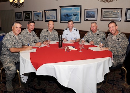 (left to right)  Brig. Gen. William Welch, Air Force Recruiting Service commander; Brig. Gen. Leonard Patrick, 502nd Air Base Wing commander; Maj. Gen. James Whitmore, Air Education and Training Command vice commander; Gen. Stephen Lorenz, AETC commander; Col. Robert S. Bridgford, 502 ABW vice commander and Maj. Gen. Mark Solo, 19th Air Force commander sign pledge cards to kickoff the 2010 Combined Federal Campaign.  Randolph Air Force Base hosted a breakfast at the Parr Club Tuesday to celebrate the event. (U.S. Air Force photo/Melissa Peterson)