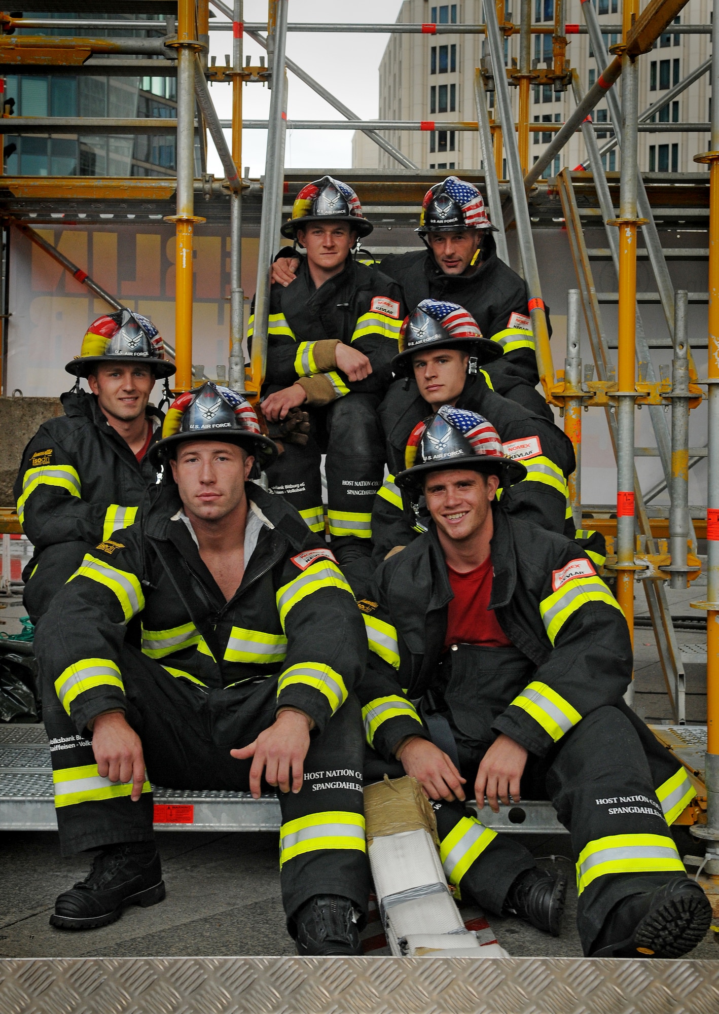 BERLIN, Germany – Spangdahlem firefighters pose for a team photo on the tower of the firefighter obstacle course in Berlin Sep. 4. The obstacle course was constructed to host the fourth Berlin Firefighter Combat Challenge, which was a two-day event with firemen from throughout Europe participating. (U.S. Air Force photo/Staff Sgt. Benjamin Wilson)