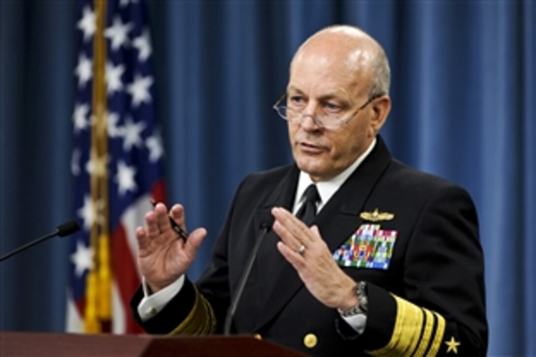 Navy Vice Adm. Michael LeFever, commander of the Office of the Defense Representative in Pakistan, briefs the press at the Pentagon, Sept. 8, 2010, on the U.S. military's efforts to provide humanitarian aid to the millions of Pakistanis affected by the recent, unprecedented monsoon floods. LeFever emphasized the importance of U.S. military helicopters and other airlift assets to deliver supplies to isolated communities and refugee camps.  