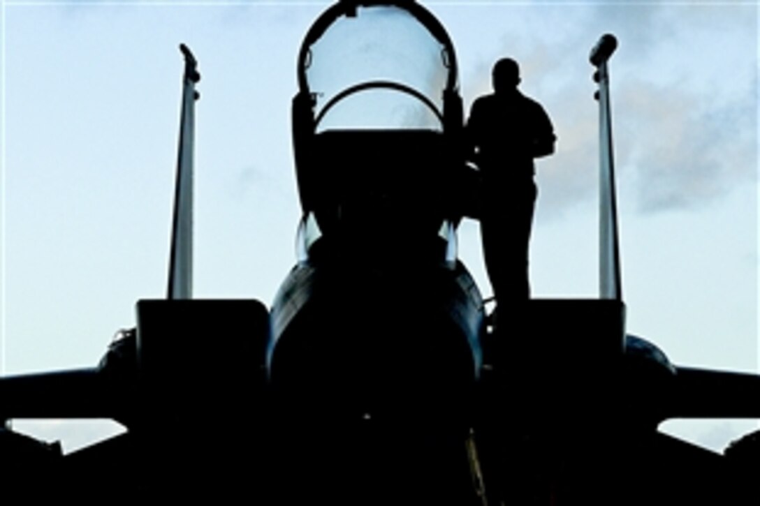 A U.S. Air Force crew chief prepares an F-15 Eagle aircraft on Kadena Air Base in Japan, Sept. 8, 2010, before its departure to support Valiant Shield. More than 600 people deployed from the base to participate in the biannual joint training exercise in Guam. The chief is assigned to the 67th Aircraft Maintenance Unit.