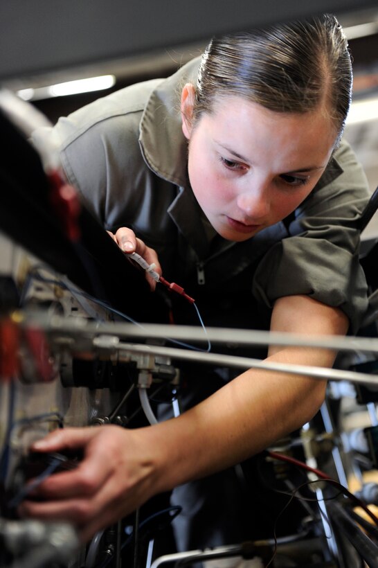ELLSWORTH AIR FORCE BASE, S.D. - Airman 1st Class Tessa Lyde, 28th Maintenance Squadron aerospace ground equipment technician, inspects the electrical system of a self generating nitrogen servicing cart, Sept. 7.  The use of nitrogen in B-1B Lancer tires eliminates the potential for water vapor from freezing inside the tire at high altitudes. (U.S. Air Force photo/Staff Sgt. Marc I. Lane)