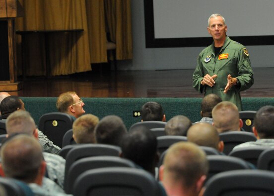 Maj. Gen. Floyd Carpenter, 8th Air Force commander, speaks with Airmen deployed to Andersen Air Force Base, Guam during a meet and greet at the base theater Aug. 30, 2010. During the meet and greet General Carpenter expressed his appreciation a job well done in support of the 36th Wing and U.S. Pacific Command's continuous bomber presence mission. (U.S. Air Force photo by Senior Airman Nichelle Anderson)