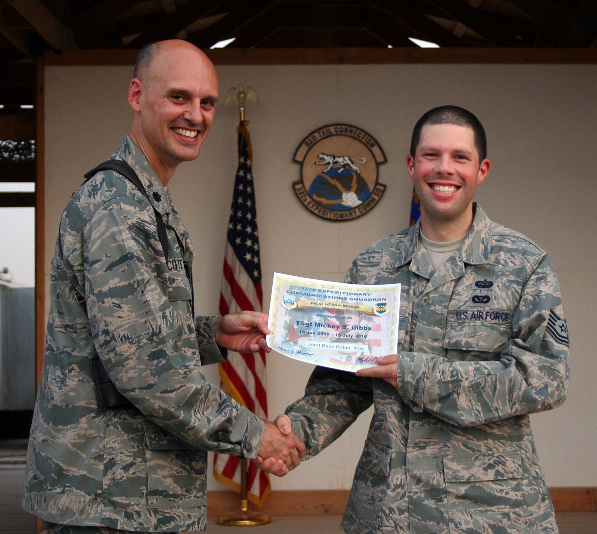 TRAVIS AIR FORCE BASE, Calif. -- Air Force Reservist Tech. Sergeant Mickey S. Gibbs picked up the Noncommissioned Officer of the Month award for June 15-July 15 for his deployed unit. Sergeant Gibbs is deployed to the 332d Expeditionary Communications Squadron, Balad Air Base, Iraq. When he returns home, he'll come back to his unit of assignment at Travis Air Force Base, the 23d Combat Communications Squadron. (U.S. Air Force photo)