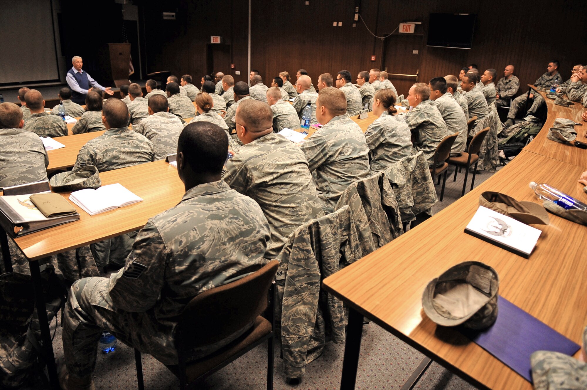 Retired Chief Master Sgt. Robert D. Gaylor visits Airmen Sept 7, 2010, at the 435th Security Forces Regional Training Center in Sembach Air Base, Germany. Chief Gaylor took the opportunity to speak to the students as well as receive demonstrations on how security forces Airmen are training for deployment operations. Chief Gaylor is the fifth chief master sergeant of the Air Force. (U.S. Air Force Photo/Tech. Sgt. Jocelyn Rich) 