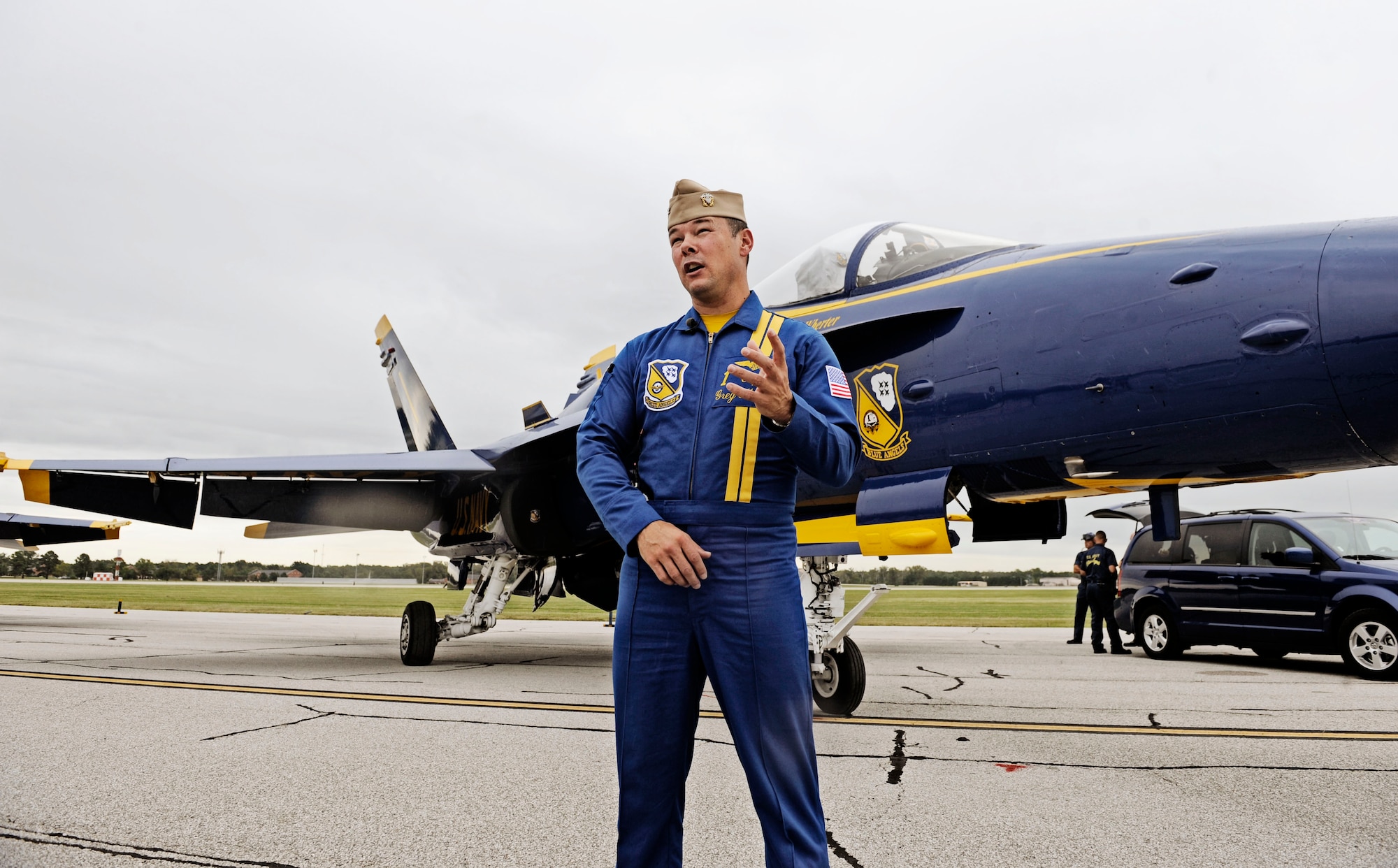 Capt. Greg McWherter, Blue Angels flight leader, speaks to local news stations about the Blue Angels and the service they provide to the communities they visit, while at Scott Air Force Base Sept. 9. Scott AFB is hosting the Airpower  Over the Midwest air show which is expected to draw nearly 90,000 people from the surrounding community during Saturday and Sunday's events. (U.S. Air Force photo/ Staff Sgt. Ryan Crane)