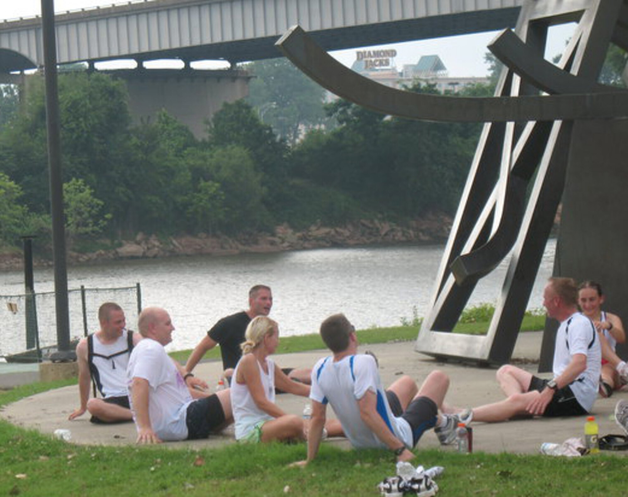 SHREVEPORT, La. – Members of the Eighth Air Force headquarters and 2nd Bomb Wing stretch before running near Clyde Fant Parkway in Shreveport, La. The teams are practicing for the 14th annual Air Force Marathon being held at Wright-Patterson Air Force Base, Ohio, on Sept. 18. All levels of runners can participate in the Air Force Marathon which also includes wheelchair, half marathon, 10K and 5K races. The main course is 26.2 miles, traversing historical places on Wright-Patterson AFB. (Photo courtesy of Patty Wright)
