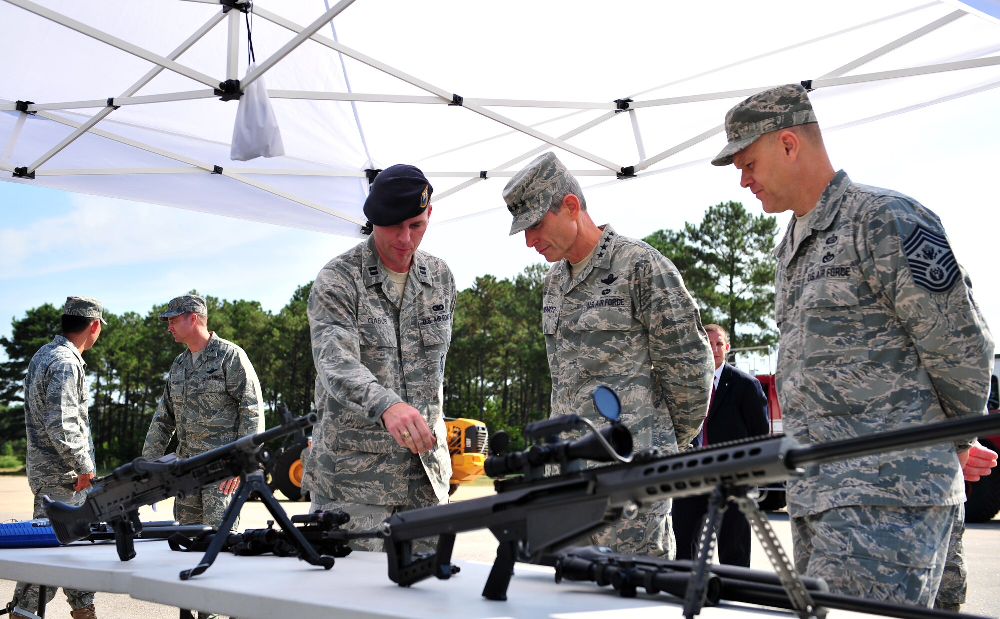 100908-F-8430J-055
SHAW AIR FORCE BASE, S.C. - Capt. Jeffrey Gabor (left), 20th Security Forces Squadron, shows the Air Force Chief of Staff Gen. Norton A. Schwartz (center) and Chief Master Sgt. of the Air Force James A. Roy (right) an overview of the different weapons used by the Security Forces Squadron at Shaw Air Force Base, S.C., Sept. 8, 2010. General Schwartz and Chief Roy visited Shaw to gain insight into the mission and speak with Airmen from units across the base to hear their concerns. (U.S. Air Force photo/Airman 1st Class Amber E. N. Jacobs (Released))