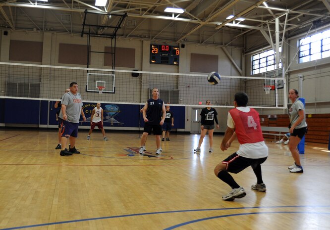 2nd lieutenant Benjamin Bressler returns the ball after a serve during the Joint Base Charleston intramural volleyball championship game between the 437th Aircraft Maintenance Squadron and the 628th Civil Engineering Squadron at the Fitness and Sports Center Sept. 8, 2010, on Joint Base Charleston, S.C. Lieutenant Bressler is a power production technician with the 628th Civil Engineer Squadron. (U.S. Air Force photo/Senior Airman Timothy Taylor)