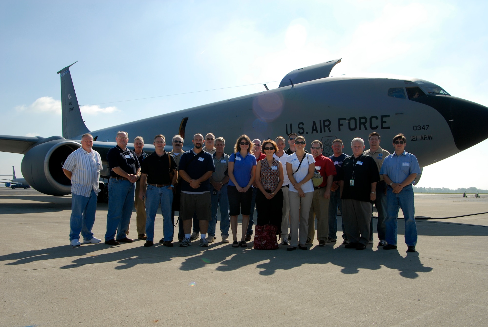 WRIGHT-PATTERSON AIR FORCE BASE, Ohio – Nineteen employers of Guardsmen and women from the Ohio Air National Guard pose for a photo opportunity in front of a KC-135 Stratotanker belonging to the 121st Air Refueling Wing, Rickenbacker Air National Guard Base, Ohio, during the ESGR Boss-Lift flight Aug. 12. (U.S. Air Force photo/Maj. Jose Cardenas)