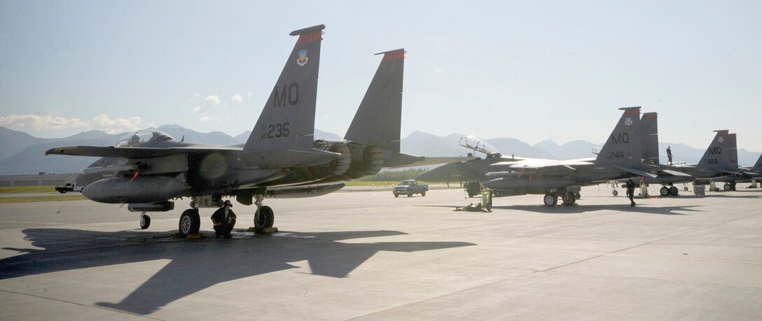 F-15E Strike Eagles wait on the flightline Aug. 25, 2010, at Joint Base Elmendorf-Richardson, Alaska. The F-15Es are from the 391st Fighter Squadron out of Mountain Home Air Force Base, Idaho and are deployed here to aid in F-22 Raptor training. (U.S. Air Force photo/Staff Sgt. Joshua Garcia)