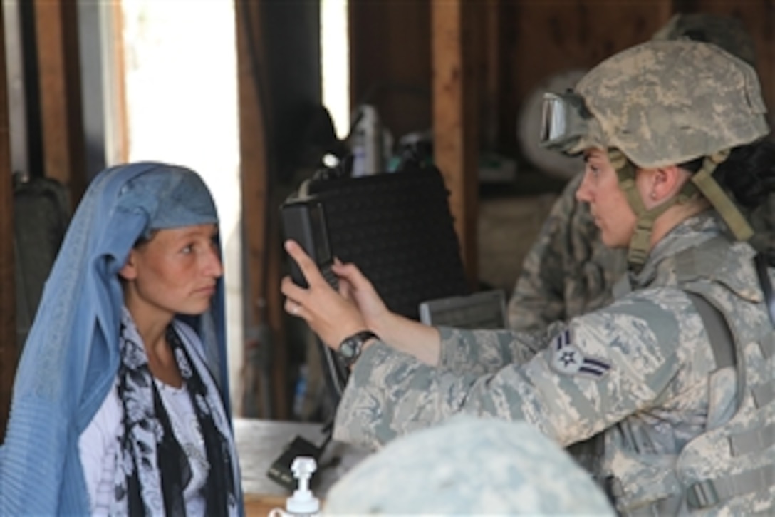 U.S. Air Force Airman 1st Class Jennifer Marchese, with 455th Expeditionary Security Forces Squadron-Bravo Sector, scans an Afghan woman's iris in the waiting area of the Egyptian Hospital in the Parwan province of Afghanistan prior to the woman being seen on Sept. 5, 2010.  Medical teams use biometrics to identify and track the records for all incoming patients by scanning their iris and fingerprints and then inputting the information into a database.  