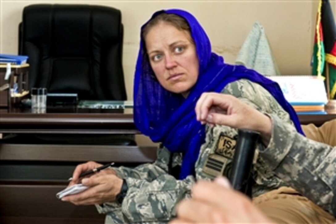 U.S. Air Force Capt. Kirsten Udd discusses employment opportunities for women in Kapisa province, Afghanistan, Aug. 29, 2010. Udd is a member of the Kapisa Provincial Reconstruction Team.