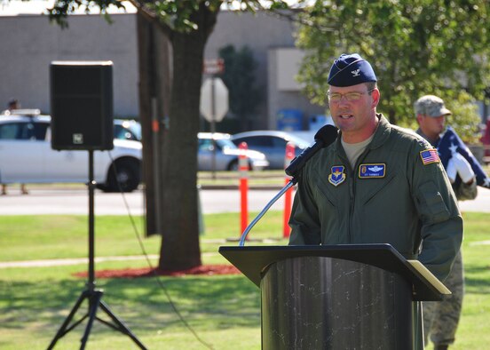 ALTUS AIR FORCE BASE, Okla. -- Col. Ty Thomas, 97th Air Mobility Wing commander, offers comments to remember the 11 September 2001 tragedy during a memorial ceremony and formation at the Wings of Freedom Park on 10 Sept. (U.S. Air Force photo by Master Sgt. Brian M. Boisvert/ Released 97th Air Mobility Wing Public Affairs)