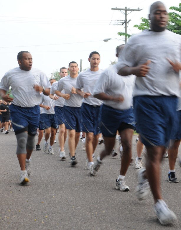 SOTO CANO AIR BASE, Honduras --  A 612th Air Base Squadron member sings a jody to keep the squadron in step during the Joint Task Force-Bravo Run here Sept. 10. The two-mile monthly run brings all of JTF-Bravo together to run in formation. (U.S. Air Force photo/Tech. Sgt. Benjamin Rojek)