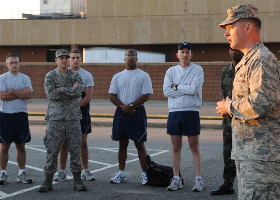 LANGLEY AIR FORCE BASE, Va – Lt. Col. Marc Vandeveer, 633d Civil Engineer Squadron commander, shares his experiences from 9/11 with Joint Base Langley-Eustis runners during a motivational start to the memorial run on Sept. 10, 2010. This event was intended to bring awareness, and respect to our brothers and sisters who paid the ultimate price. (U.S. Air Force photo/Staff Sgt. Tabitha Kuykendall)(RELEASED)