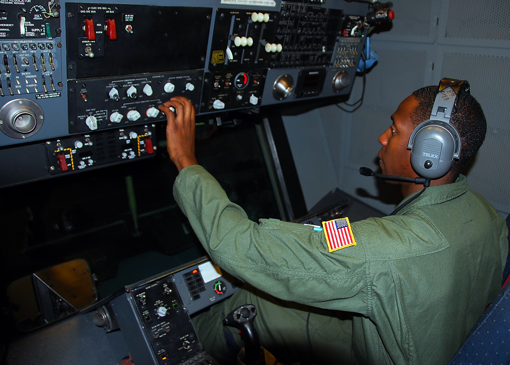 SEYMOUR JOHNSON AIR FORCE BASE, N.C. ? Staff Sgt. Devon Jarvis, 76th Air Refueling Squadron boom operator, runs a pre-flight test on a KC-10?s aerial refueling systems prior to a return flight to Joint Base McGuire-Dix-Lakehurst, N.J., Sept. 3. Sergeant Jarvis and eight other crew members were on a humanitarian mission to help transport privately-donated winter clothing that will be distributed to villages and orphanages in and around Kabul, Afghanistan, later this month. (U.S. Air Force photo/Staff Sgt. Shawn J. Jones)